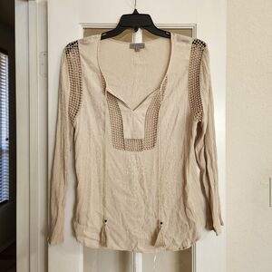 Joseph A. Crinkle Knit Boho Tassel Tie Mesh Insert Top XL Beige